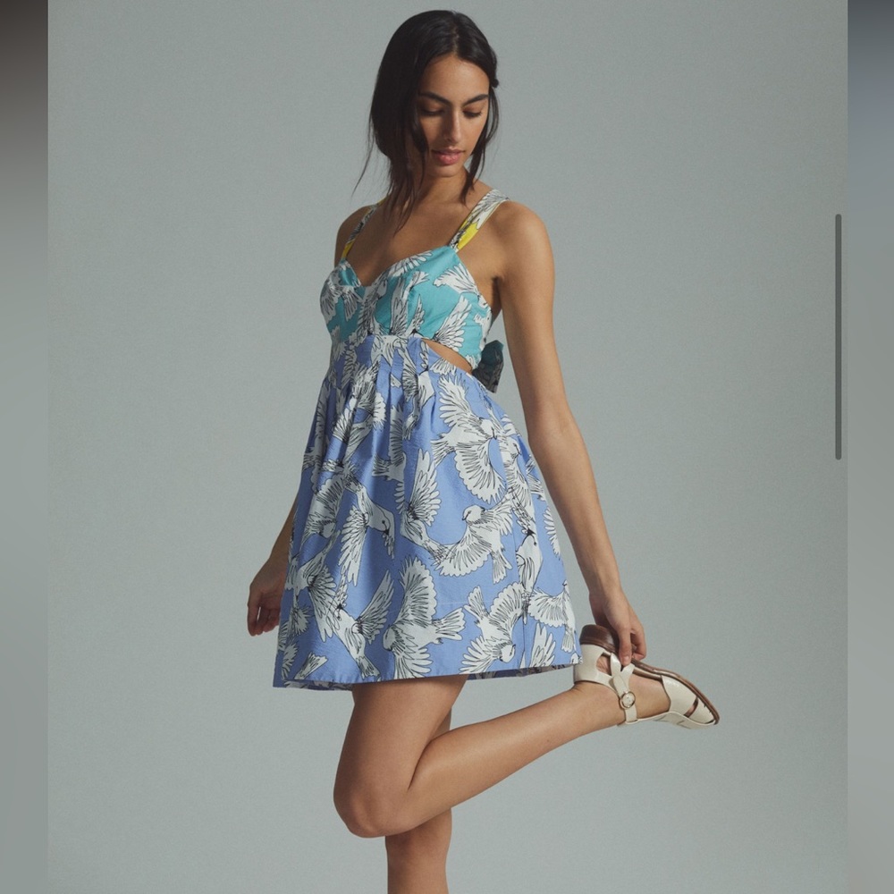 Maeve by Anthropologie Printed Tie Back Mini Dress in blue multi color! Size 8